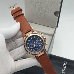 GUESS EXQUISITE BROWN LEATHER STRAP WRISTWATCH WITH BRONZE & NAVY BLUE SCREEN