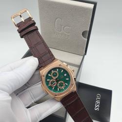 GUESS EXQUISITE DARK BROWN LEATHER STRAP WITH BRONZE & GREEN SCREEN