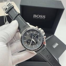 HUGO BOSS EXQUISITE BLACK LEATHER STRAP WRISTWATCH WITH GREY SCREEN