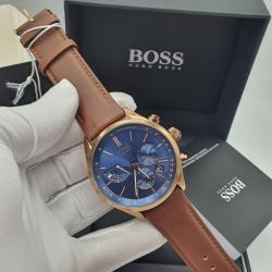 HUGO BOSS EXQUISITE BROWN LEATHER WRISTWATCH WITH BLUE SCREEN