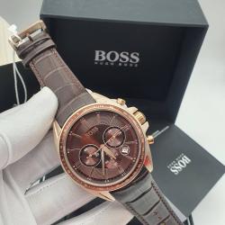 BOSS EXQUISITE DARK BROWN LEATHER STRAP WRISTWATCH WITH BROWN SCREEN