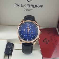 PATEK PHILIPPE EXQUISITE BLACK LEATHER STRAP WRISTWATCH WITH BRONZE & NAVY BLUE SCREEN 