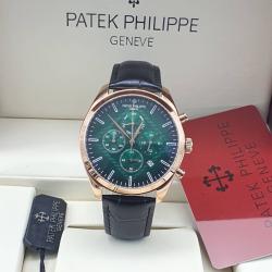 PATEK PHILIPPE EXQUISITE BLACK LEATHER STRAP WRISTWATCH WITH GOLD & GREEN SCREEN