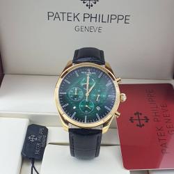 PATEK PHILIPPE EXQUISITE BLACK LEATHER STRAP WRISTWATCH WITH GOLD & GREEN SCREEN