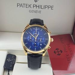 PATEK PHILIPPE EXQUISITE BLACK LEATHER STRAP WRISTWATCH WITH GOLD & NAVY BLUE SCREEN
