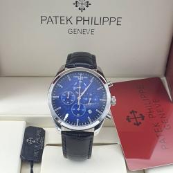 PATEK PHILIPPE EXQUISITE BLACK LEATHER STRAP WRISTWATCH WITH SILVER & BLUE SCREEN