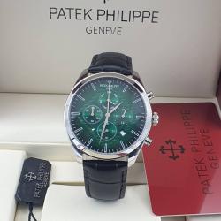 PATEK PHILIPPE EXQUISITE BLACK LEATHER STRAP WRISTWATCH WITH SILVER & GREEN SCREEN