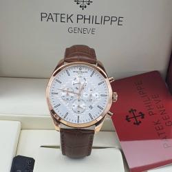 PATEK PHILIPPE EXQUISITE BROWN LEATHER STRAP WRISTWATCH WITH BRONZE & WHITE SCREEN