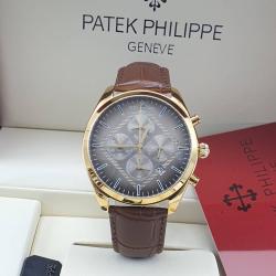 PATEK PHILIPPE EXQUISITE BROWN LEATHER STRAP WRISTWATCH WITH GOLD & GREY SCREEN