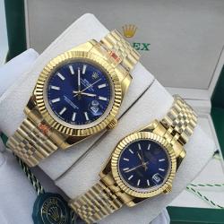 ROLEX EXQUISITE GOLD METAL STRAP WRISTWATCH WITH NAVY BLUE SCREEN