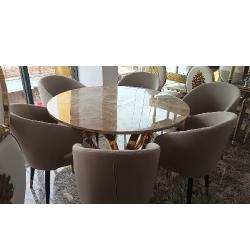 QUALITY ROUND WHITE LIGHT BROWN MARBLE DESIGN DINING TABLE WITH 6 CHAIRS - AVAILABLE (OKAF) - deluxe.com.ng