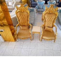 QUALITY DESIGNED 2 ROYAL GOLD CHAIRS &  A STOOL - AVAILABLE (SETIN) - deluxe.com.ng