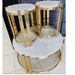 QUALITY DESIGNED WHITE & GOLD ROUND MARBLE CENTER TABLE WITH 2 SIDE STOOLS - AVAILABLE (JAFU) - deluxe.com.ng