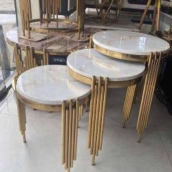 QUALITY DESIGNED WHITE TOP ROUND CENTER TABLE WITH GOLDEN FRAME & 3 SIDE STOOLS  - AVAILABLE (SAINT) - deluxe.com.ng