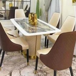 CREAM & BROWN BY 6 CHAIRS AND WHITE & GRAY DINING TABLE (1530)
