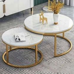 WHITE ROUND MARBLE TOP CENTER TABLE WITH ROUND GOLDEN BASE (NAFU)