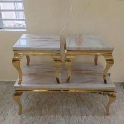 WHITE MARBLE TOP CENTER TABLE AND 2 SIDE STOOLS WITH GOLDEN LEGS (1530)