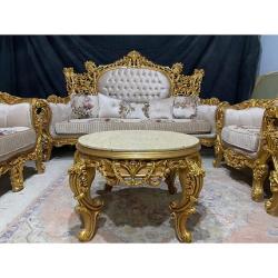 GOLDEN & CREAM ROYAL 7 SEATERS SOFA WITH ROUND CENTER TABLE & SIDE STOOLS (BENFU)