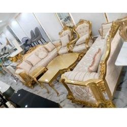 QUALITY DESIGNED 7 GOLD & CREAM SOFA CHAIRS  (WITHOUT CENTER TABLE & SIDE STOOLS) - AVAILABLE (SETIN) - deluxe.com.ng