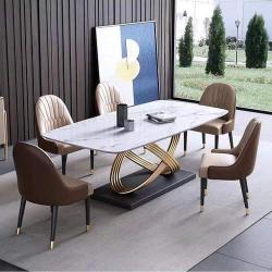 QUALITY DESIGNED WHITE & BROWN MARBLE DINING BY 6 CHAIRS - AVAILABLE (JAFU)