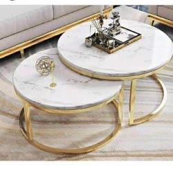 QUALITY DESIGNED WHITE ROUND MARBLE TOP & GOLDEN FRAME 2 PIECES OF CENTER TABLE - AVAILABLE (JAFU)