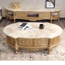 UALITY DESIGNED OVAL WHITE MARBLE TOP CENTER TABLE WITH GOLD FRAME & 2 SIDE STOOLS- AVAILABLE (JAFU) 