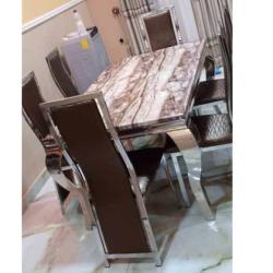 WHITE & BROWN RECTANGULAR MARBLE TOP DINING TABLE WITH SILVER LEGS & 6 BROWN & SILVER LEG CHAIRS (NAFU)