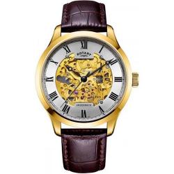 ROTARY GS02941/03 MEN'S GOLD CASE SKELETON BROWN LEATHER WATCH