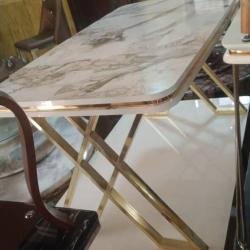 WHITE & BROWN MARBLE TOP RECTANGULAR DINING TABLE WITH CROSSED LEGS (1530)