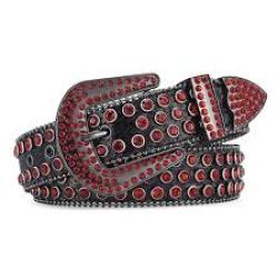 EXQUISITE BLACK LEATHER DESIGNER'S BELT WITH RED SHINY STONES