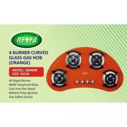 NESTA 92CM 4 BURNER CURVED GLASS GAS HOB |QB4008|(ORANGE) - deluxe.com.ng
