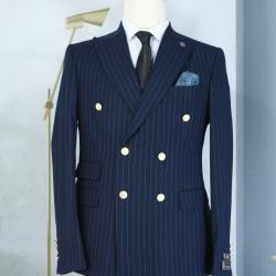 EXDCUTIVE NAVY BLUE AND LIGHT BROWN STRIPPED TURKEY SUIT WITH GOLDEN BUTTON-deluxe.com.ng