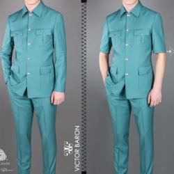 EXECUTIVE ARMY GREEN LONGSLEEVE AND SHORTSLEEVE SUIT WITH COLLAR AND GOLDEN BUTTON-deluxe.com.ng