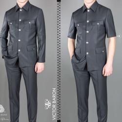 EXECUTIVE BLACK SUIT (short sleeve) WITH COLLAR AND GOLDEN BUTTON [SWNL]-deluxe.com.ng