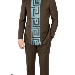 EXECUTIVE DARK BROWN LONGSLEEVE SUIT WITH BLUE FENDI DESIGN WITH NORMAL COLLAR [SWNL]