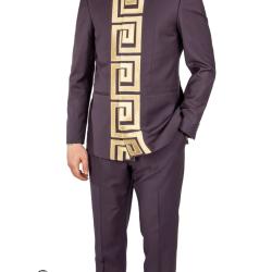 EXECUTIVE DARK GREEN LONGSLEEVE SUIT WITH GOLDEN FENDI DESIGN AND NORMAL COLLAR {SWNL}