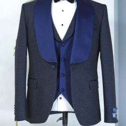 EXECUTIVE DARK GREY AND BLUE 3 PIECE CEREMONIAL SUIT WITH BLUE BUTTON [SWNL]