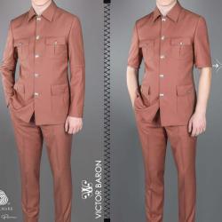 EXECUTIVE LIGHT GREEN LONGSLEEVE AND SHORTSLEEVE SUIT WITH COLLAR AND GOLDEN BUTTON-deluxe.com.ng