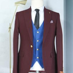 EXECUTIVE MAROON AND BLUE 3 PIECE TURKEY SUIT WITH ONE GOLDEN BUTTON [SWNL]