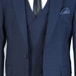 EXECUTIVE NAVY BLUE STRIPPED 3 PIECE TURKEY SUIT WITH BLACK BUTTON-deluxe.com.ng