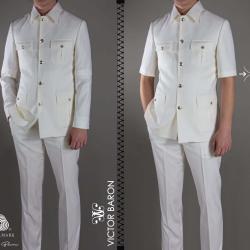 EXECUTIVE WHITE LONGSLEEVE AND SHORTSLEEVE TURKEY SUIT WITH COLLAR AND GOLDEN BUTTON [SWNL]