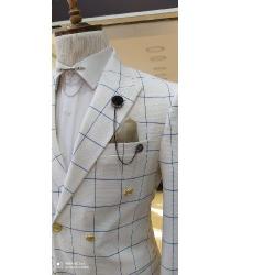 EXECUTIVE WHITE AND BLUE STRIPE CHECKER SUIT WITH GOLDEN DESIGN  | AVAILABLE IN ALL SIZES (DEFAS) (N) - deluxe.com.ng 