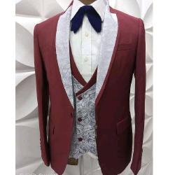 WINE AND WHITE 3 PIECES SUIT WITH ONE BUTTON SUIT | AVAILABLE IN ALL SIZES (MADU) (N) - deluxe.com.ng