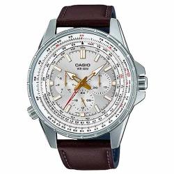 CASIO GENT'S MTP-SW320L-7AVDF MULTI HANDS SILVER DIAL BROWN LEATHER WATCH