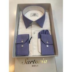  SARTORIA EXQUISITE WHITE LONG SLEEVE SHIRT WITH BLUE COLLAR AND BLUE CUFF | AVAILABLE IN ALL SIZES (SWNL) (N) - deluxe.com.ng 