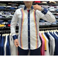 EXQUISITE WHITE AND NAVY BLUE, STRIPPED WITH RED AND YELLOW COLOUR, LONG SLEEVE SHIRT | AVAILABLE IN ALL SIZES (SWNL) (N) - deluxe.com.ng