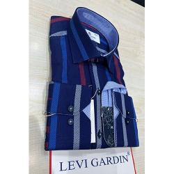 EXQUISITE NAVY BLUE LONG SLEEVE SHIRT WITH BLUE, RED AND GREY STRIPES BY LEVI GARDIN | AVAILABLE IN ALL SIZES (SWNL) (N) - deluxe.com.ng