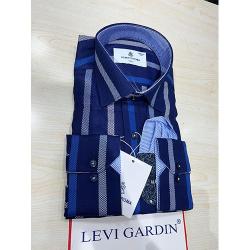 EXQUISITE NAVY BLUE LONG SLEEVE SHIRT WITH BLUE, GREY AND LIGHT GREY STRIPES BY LEVI GARDIN | AVAILABLE IN ALL SIZES (SWNL) (N) - deluxe.com.ng