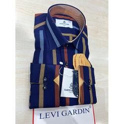 EXQUISITE NAVY BLUE LONG SLEEVE SHIRT WITH SKY BLUE, ORANGE AND BROWN STRIPES BY LEVI GARDIN | AVAILABLE IN ALL SIZES (SWNL) (N) - deluxe.com.ng