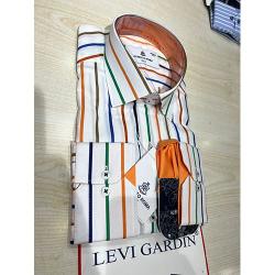 EXQUISITE WHITE LONG SLEEVE SHIRT WITH ORANGE, BROWN, BLUE, RED AND BLACK STRIPES BY LEVI GARDIN | AVAILABLE IN ALL SIZES (SWNL) (N) - deluxe.com.ng